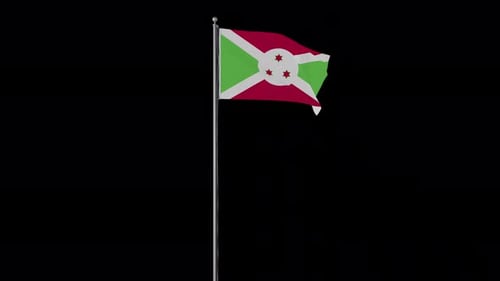Realistic Waving Flag of Burundi on Flagpole with Black Background