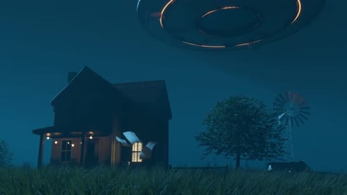 Alien invasion Silhouette of the shiny metal flying saucer. Bright light beam.