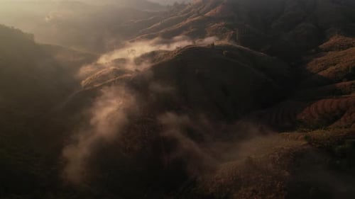 4K Aerial view of Mountains landscape with morning fog.
