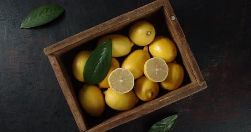 Fresh Lemons in Rustic Wooden Box Still Life