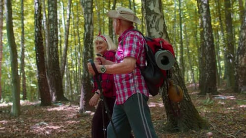 Senior Active Hikers Grandmother Grandfather Training Nordic Walking with Trekking Poles in Forest