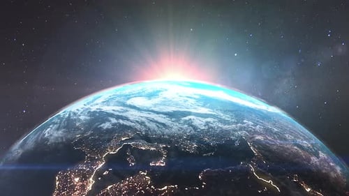 Luzes das cidades noturnas do continente europeu. Vista do amanhecer sobre a Terra do espaço.