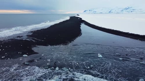 Black Beach with Volcanic Sand in Iceland in Frosty Winter Day Famous Landmark Beautiful Aerial