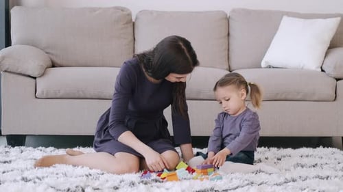 Mother and Child Playing With Blocks on Rug