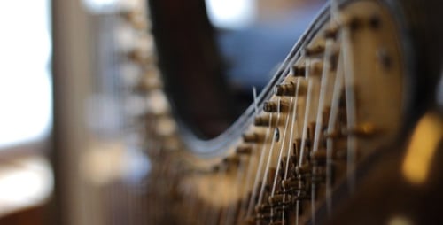 Close Up of Strings and Levers on Harp