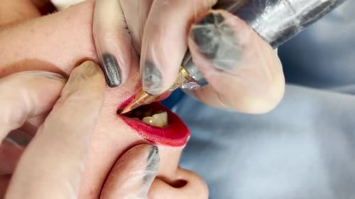 Cosmetic Lip Tattooing Procedure Close Up