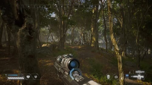 4K Fake forest shooter. 3D forest shooter with hud