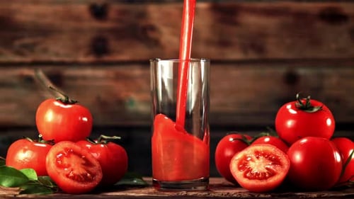 Super Slow Motion in the Glass on the Table Pours Tomato Juice