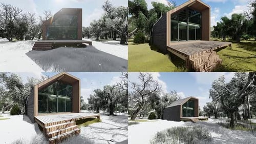 Panning View of a Minimalist Log Cabin in Nature