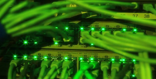 Network Server Ports with Cables and Blinking Lights
