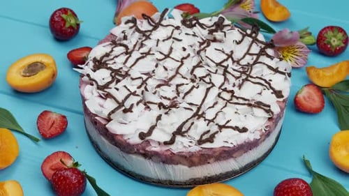 Cake Surrounded by Fruit on a Table