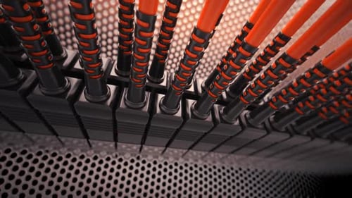 Endless array of red optic cables connected to the router ports. Loopable. HD