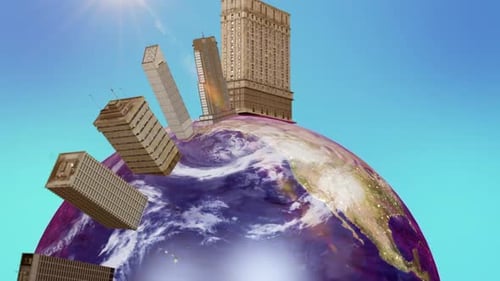 Corporate Buildings Grow on Rotating Earth Globe