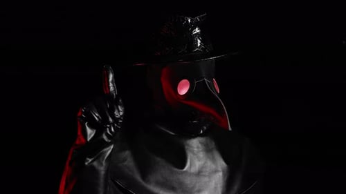 Plague Doctor with Crow-like Mask Disapproving with No Finger Sign, Make Negation Gesture. Denying