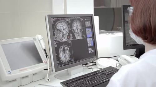 Futuristic Concept In Medical Laboratory Surgeon Wearing Virtual Reality Headset Uses Controllers