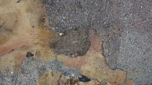 Aerial top down view white birds at landfill site.