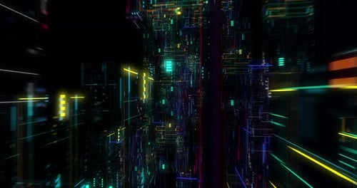 Nahtloses Durchfliegen abstrakter Schaltkreise mit digitalem Grid-Hintergrund