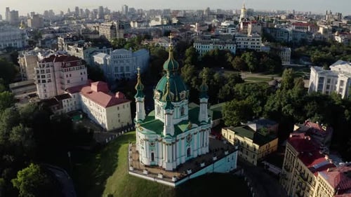 Aerial View of St. Andrews Church, Orthodox Church on Green Hill in the City