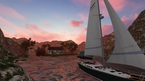 Animated Sailboat and Tugboat Passing Island House at Sunset