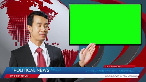 Live News Studio With Male Anchor Reporting On The Political, Video Story Show Green Chroma Key