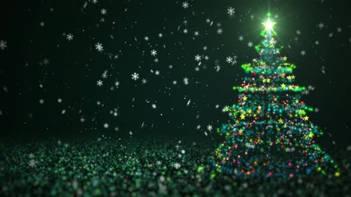 Glowing Particle Christmas Tree with Falling Snow Background Loop