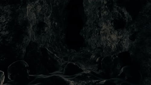 Dark Eerie Cave Tunnel with Skulls and Bones Looping Background