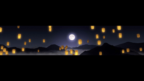 Sky Lanterns Floating Over Mountain Landscape Under Full Moon