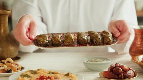 Dolma Closeup Meat in Grapes Leaves Middle Eastern National Traditional Food