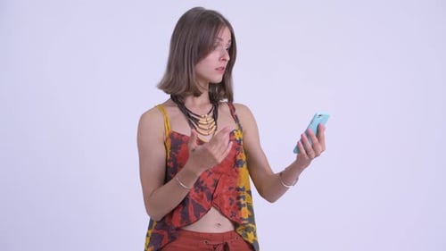Woman Interacting With Smartphone On White Background