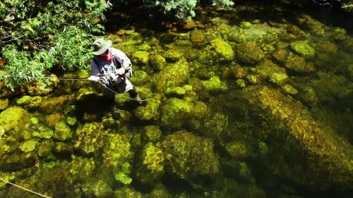 Fisherman fly fishing in river