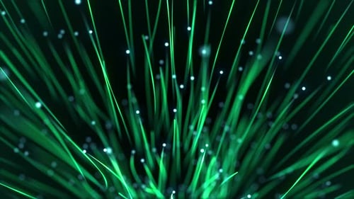 Abstract Green Flowing Lines Background with Glowing Particles