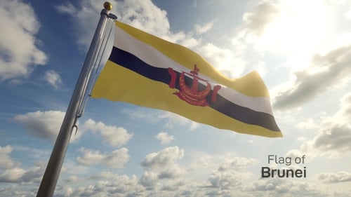 Brunei Flag Waving in Wind with Sunny Sky Background