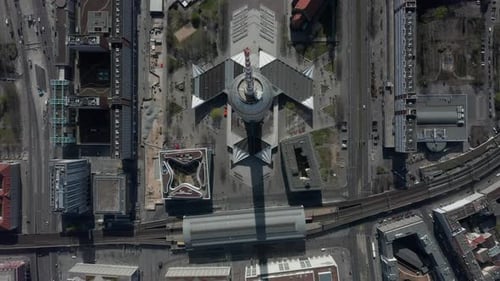 AERIAL: Breathtaking Overhead Aerial Fly Over Alexanderplatz TV Tower in Empty Berlin, Germany with