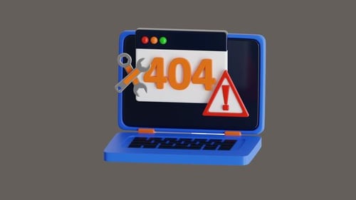 3D-Animation einer 404-Fehlerbehebungsanfrage mit blauem Laptop