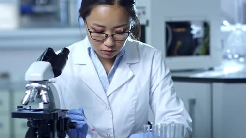 Female Scientist Working with Microscope in Laboratory