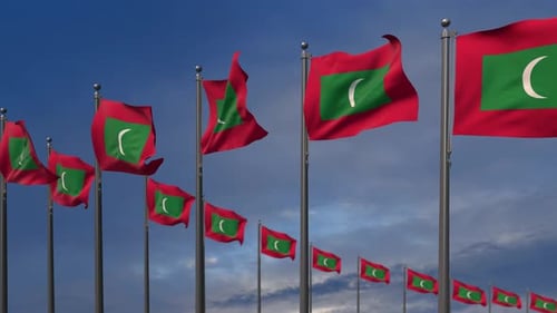 Maldives Country Flags Fluttering in a Row