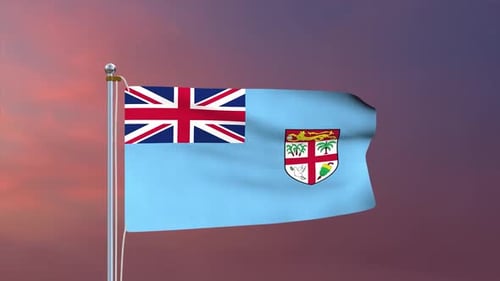 Fiji National Flag Waving with Sunset Sky