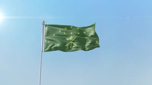 Realistic Waving Green Flag with Stars and Emblem on Blue Sky