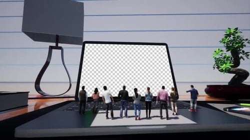 Tiny Crowd And Work Place with transparent laptop screen