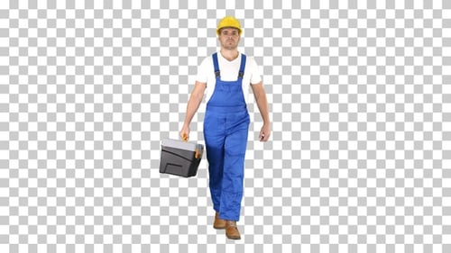Walking Construction Worker with Toolbox, Alpha Channel