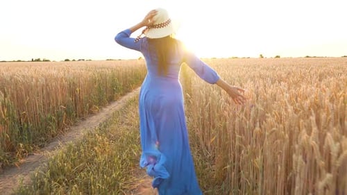 Beautiful Woman in a Blue Dress and Hat Runs Through a Wheat Field at Sunset. Freedom Concept. Wheat
