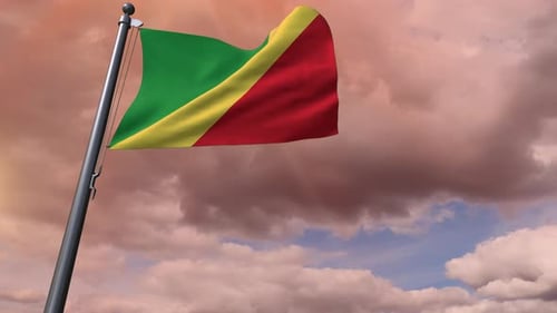 Republic of the Congo Flag Waving in Wind Against Clouded Sky