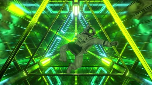 Astronaut Falling in the Corridor of a Spaceship