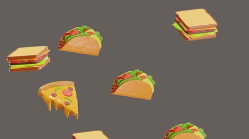 3D Animation of Sandwiches, Tacos, and Pizza Soar Through the Air