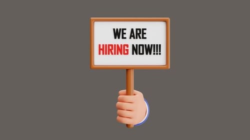 3D Animated Hand Holding 'We Are Hiring Now' Sign