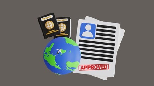 3D Passports, Documents, and Globe with Approved Stamp Animation