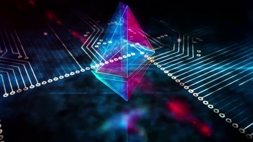 Futuristic Ethereum Symbol Animation with Neon Glow on Circuit Board