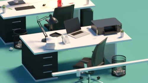 Office desks tranformation during the day. Business, workplace background.