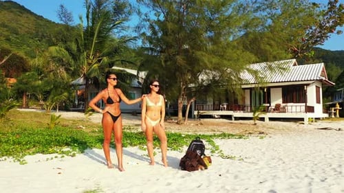 Beautiful women happy together on marine sea view beach journey by blue green ocean with white sandy