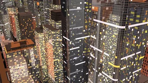 Animated Aerial View of Modern City Skyscrapers at Night